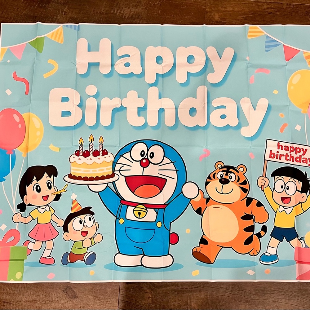 New Doraemon Happy Birthday Party Backdrop - Blue Banner